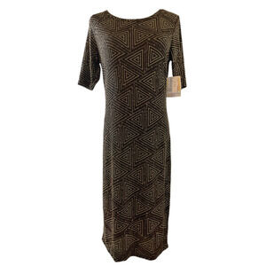 NWT LuLaRoe Julia Medium Black Gold Metallic Dress Geometric Pattern Mid-Length